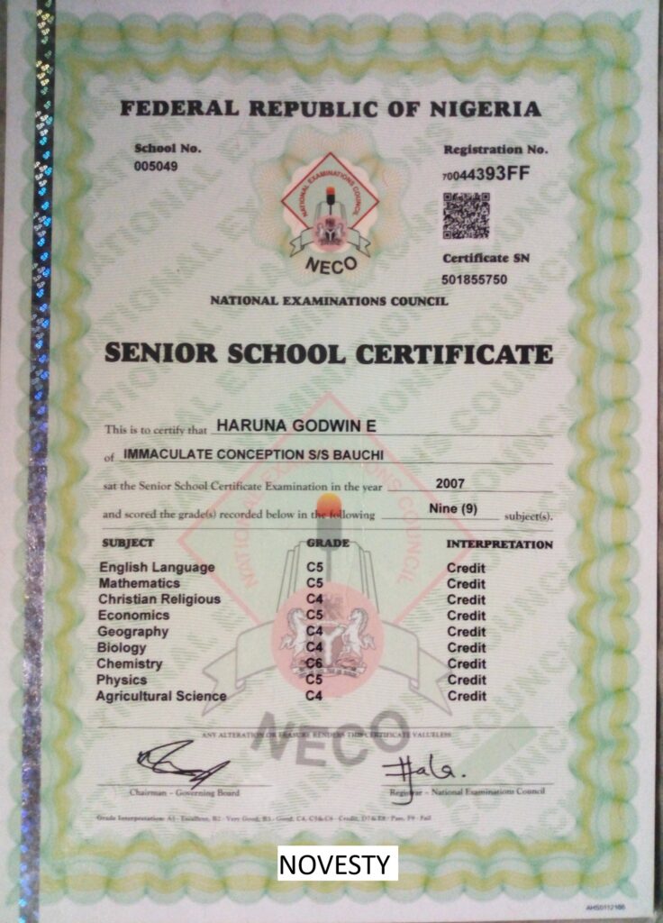 NECO Original Result Certificate