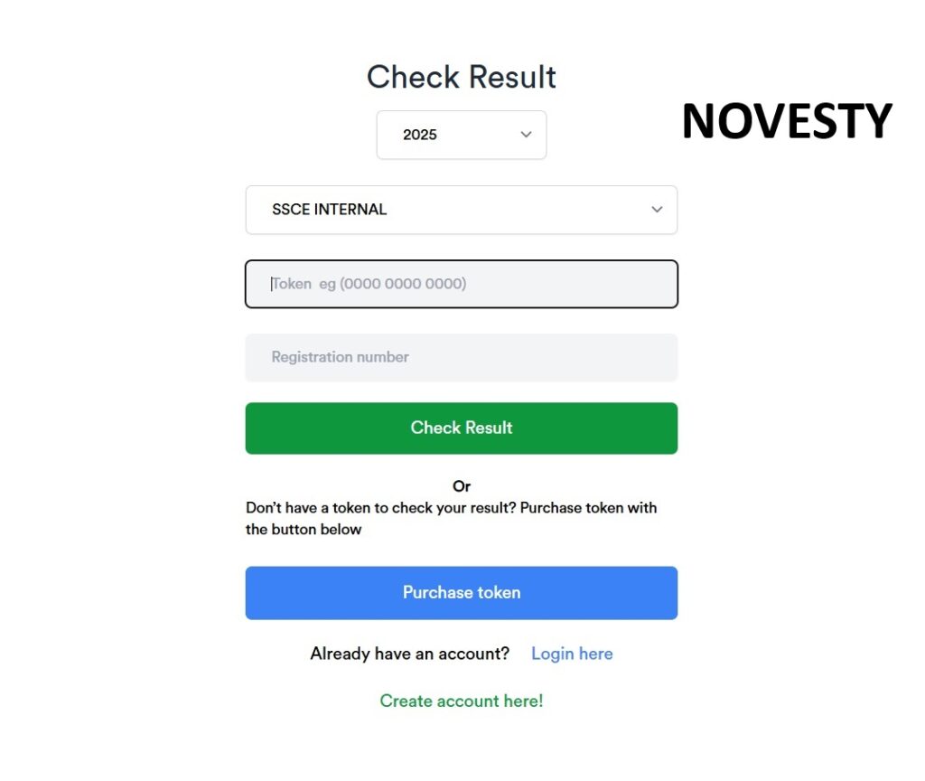 Purchase Token" button on the NECO result page