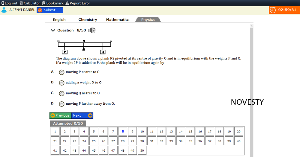 JAMB CBT question interface with navigation tools highlighted