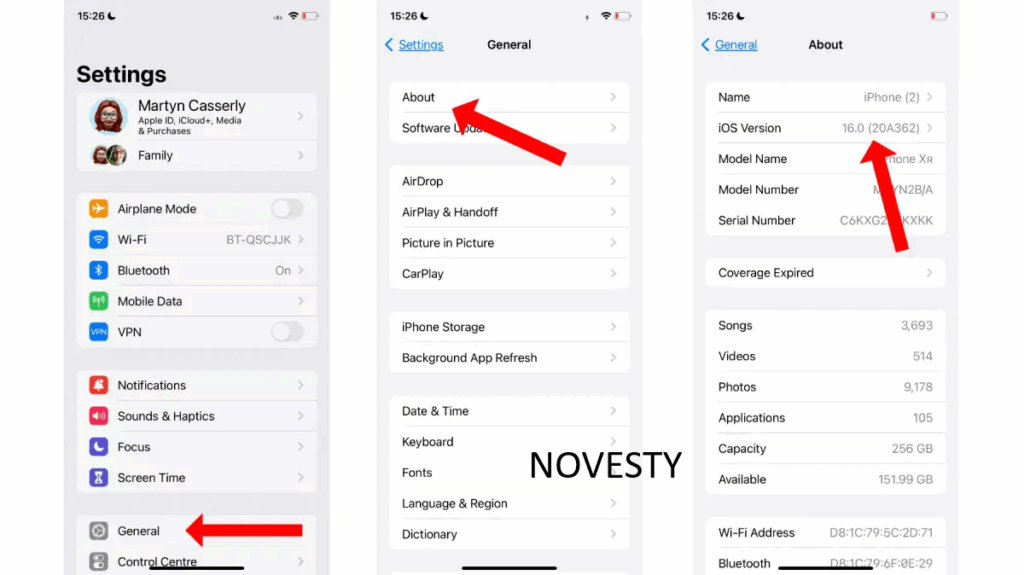 Screenshot sequence showing how to check iOS version on iPhone 6s