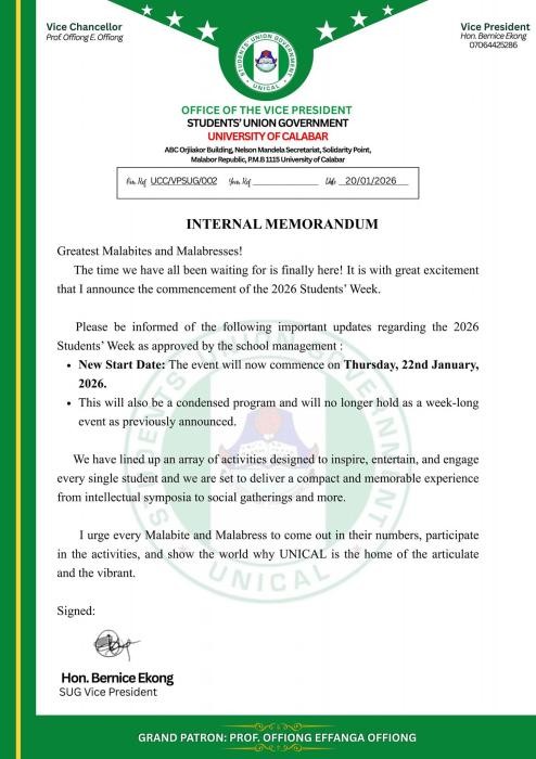 UNICAL SUG announces the new start date of Student Week